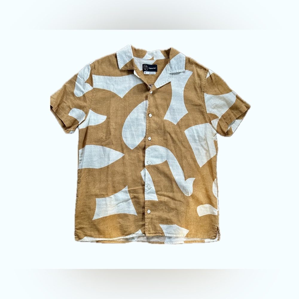 Original Use Men’s Linen Blend Button Down Med Retro Abstract Indie Boho Shirt